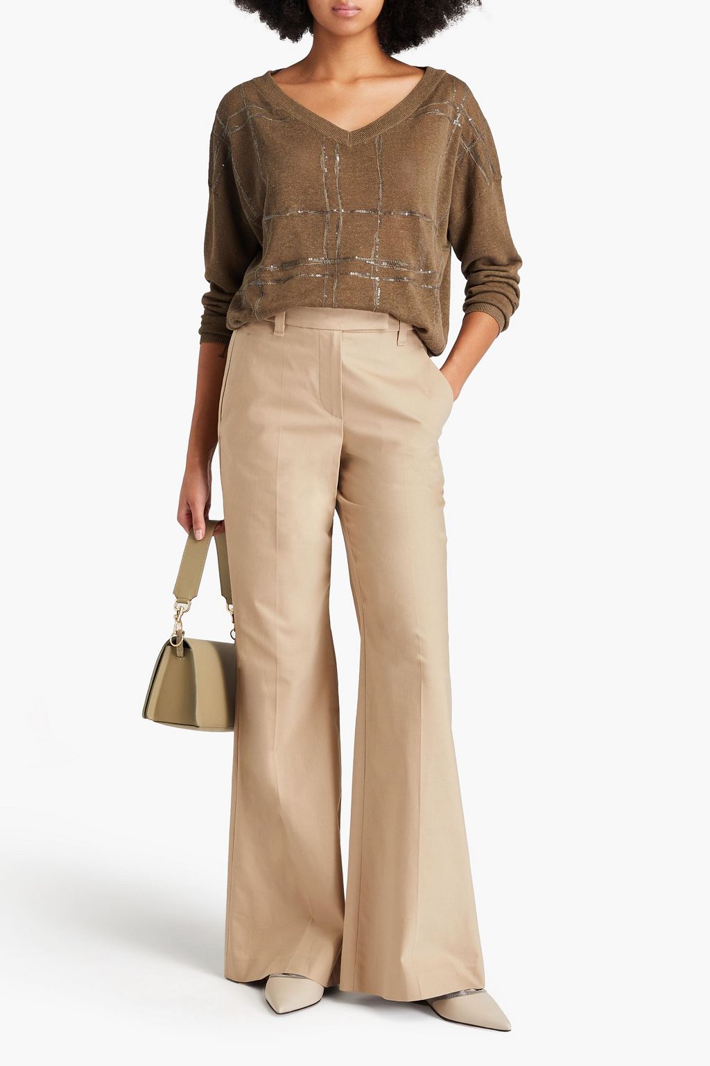 BRUNELLO CUCINELLI Bead-embellished stretch-cotton twill flared pants