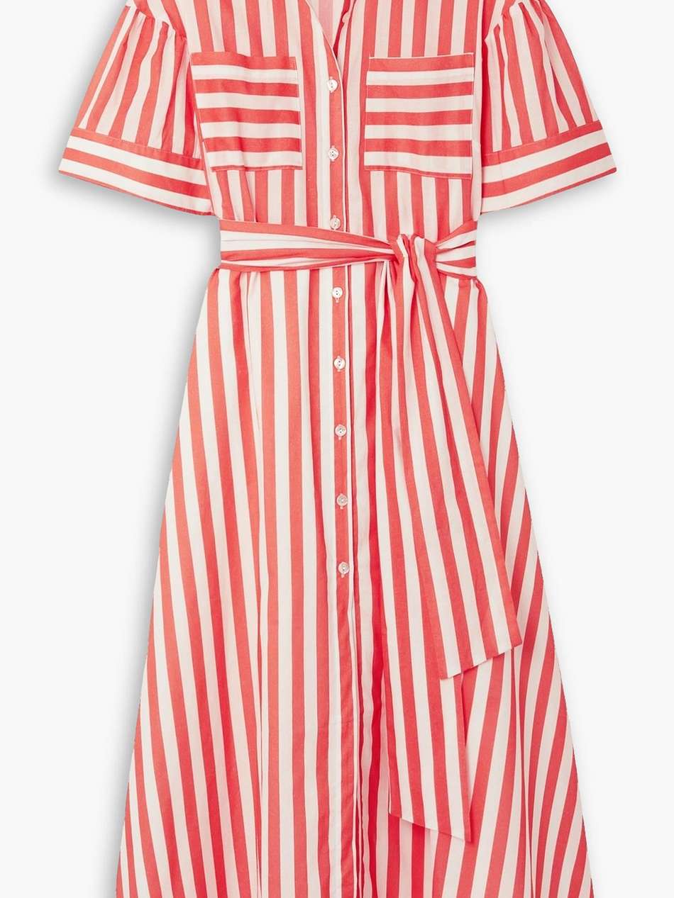 sofia belted striped cotton-poplin midi shirt dress