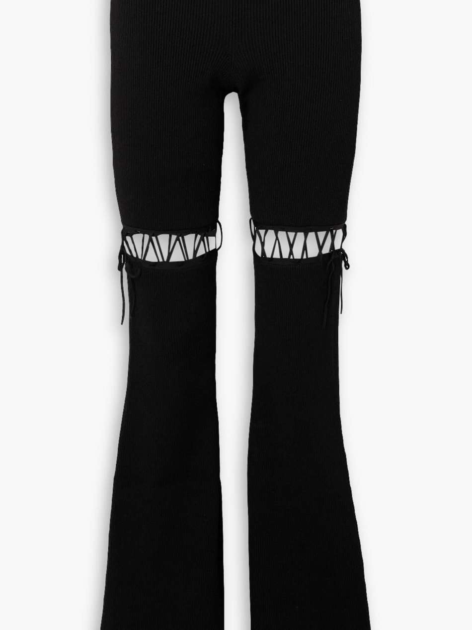 lace-up ribbed-knit flared leggings