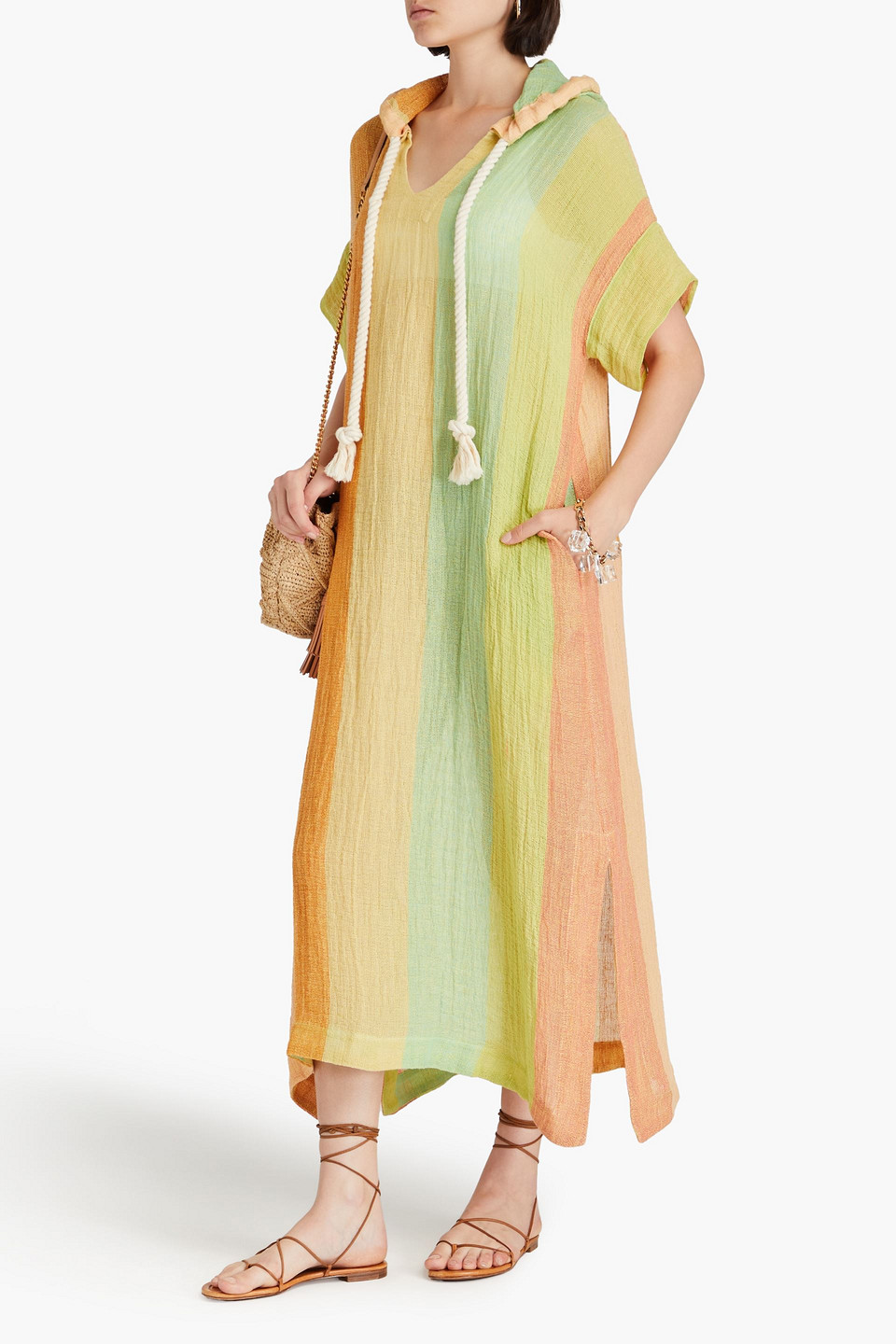 LISA MARIE FERNANDEZ HOODED STRIPED LINEN-BLEND GAUZE KAFTAN