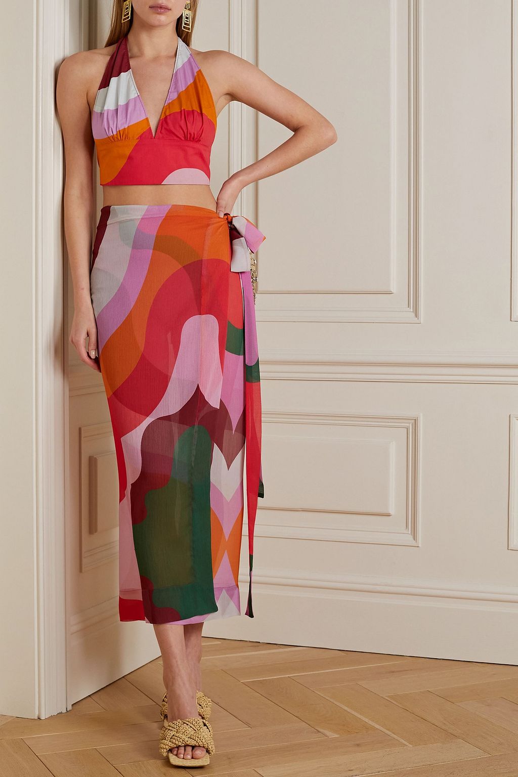 ETRO Cropped printed cotton halterneck top