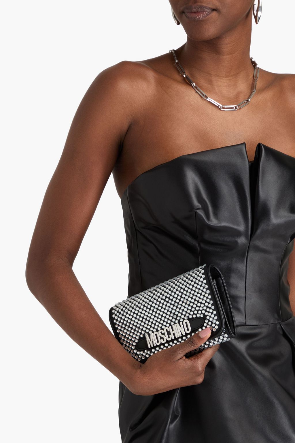 MOSCHINO حقيبة كلاتش من التويل ومزينة بالكريستال