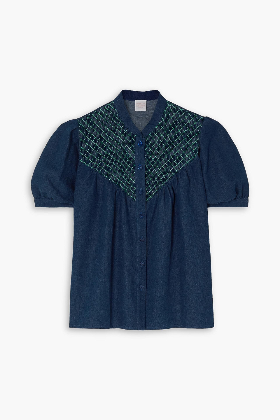 Loretta Caponi Iole Embroidered Smocked Cotton And Linen-blend Blouse In Dark Denim