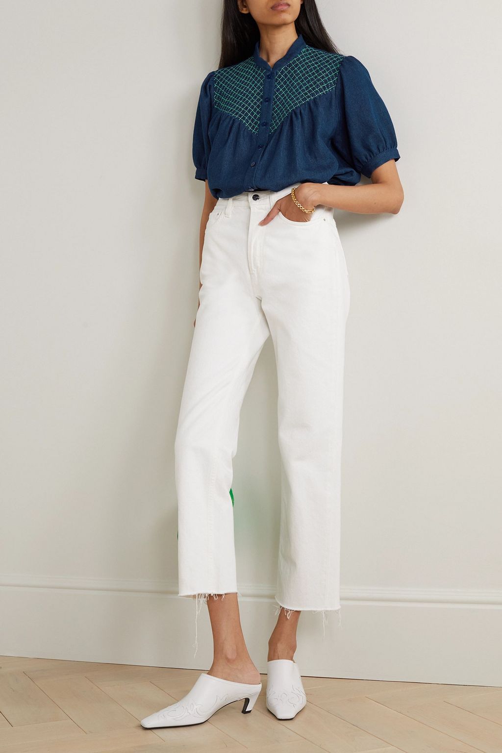LORETTA CAPONI Iole embroidered smocked cotton and linen-blend blouse
