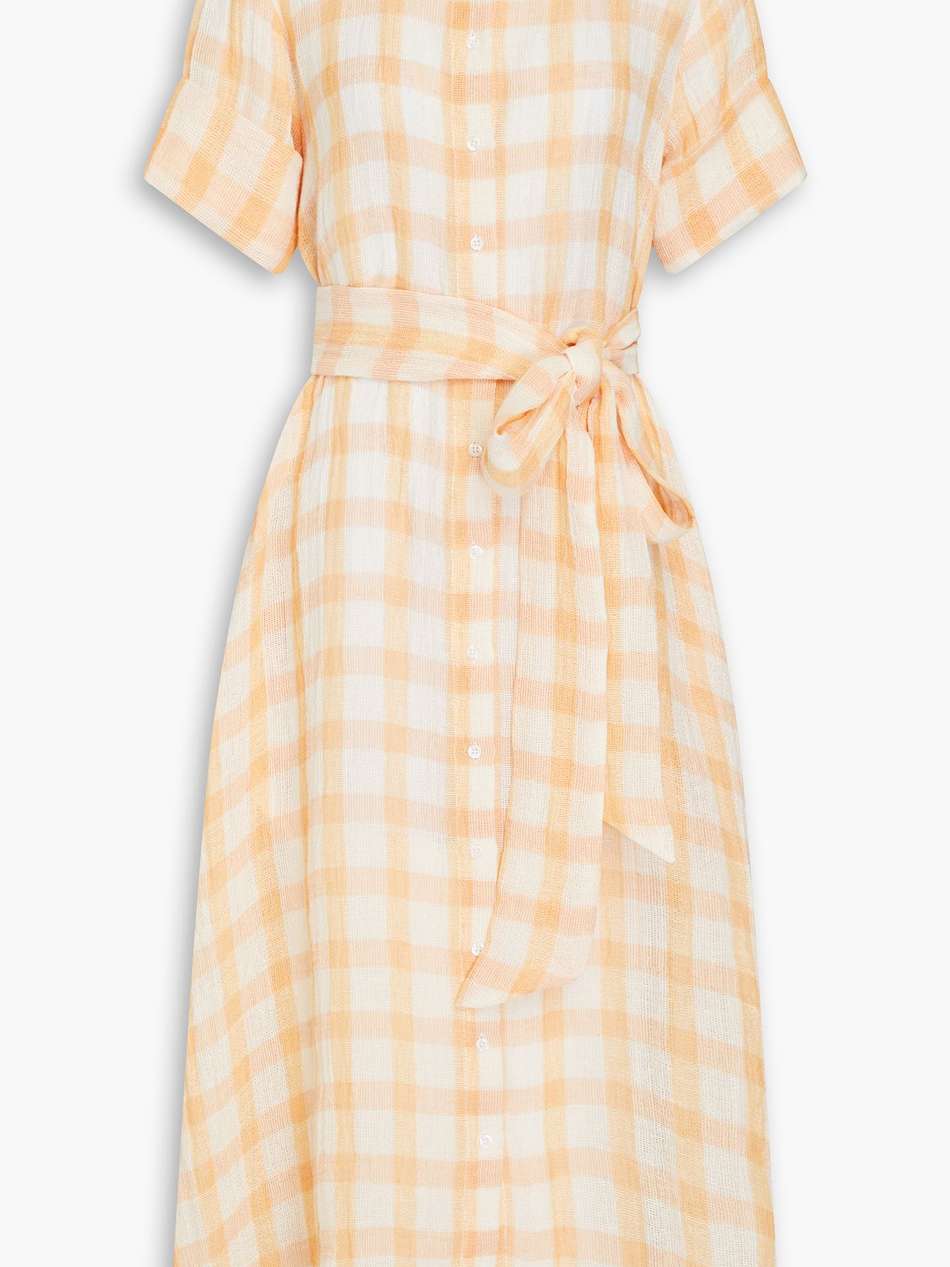 belted checked linen-blend gauze midi shirt dress