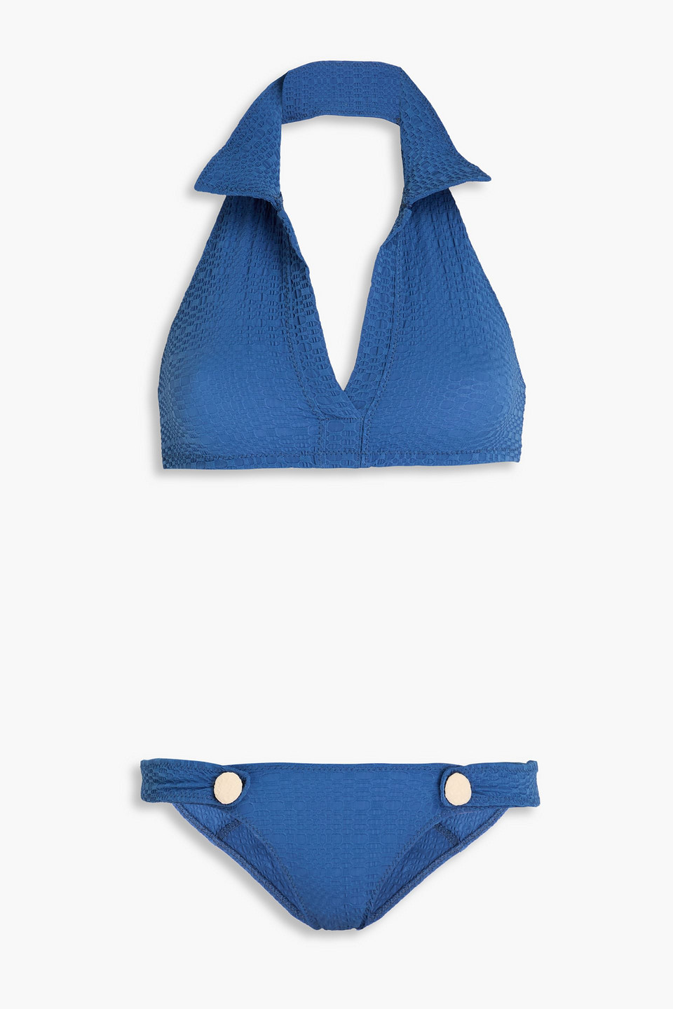 Lisa Marie Fernandez Polo Button-embellished Seersucker Halterneck Bikini In Blue