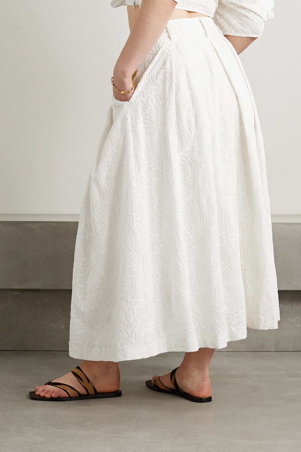 Mara Hoffman Tulay pleated embroidered cotton-voile midi skirt