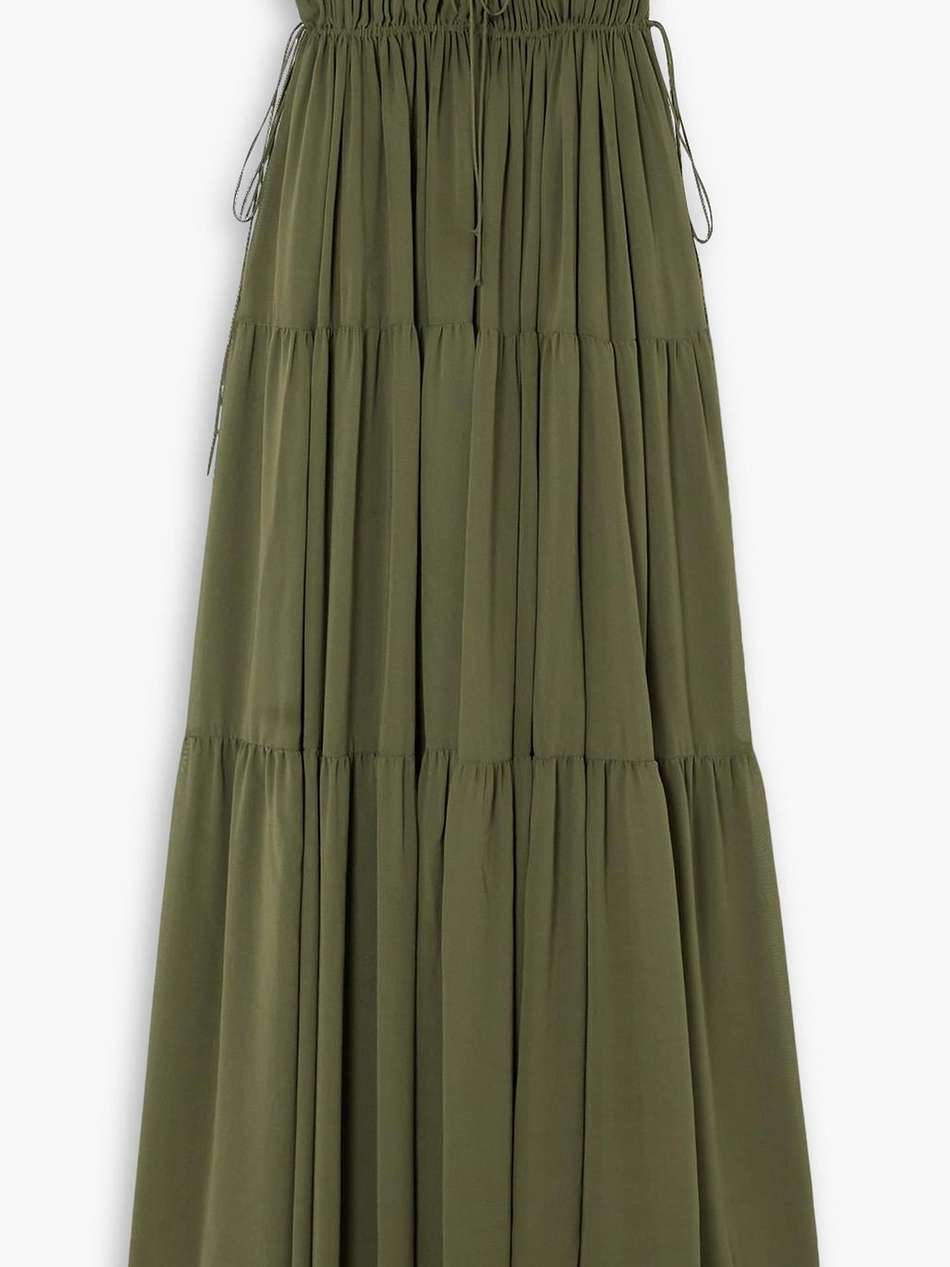 tiered shirred silk maxi dress