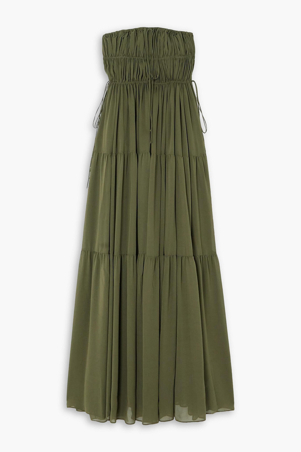 Matteau Tiered Shirred Silk Maxi Dress In Army Green | ModeSens