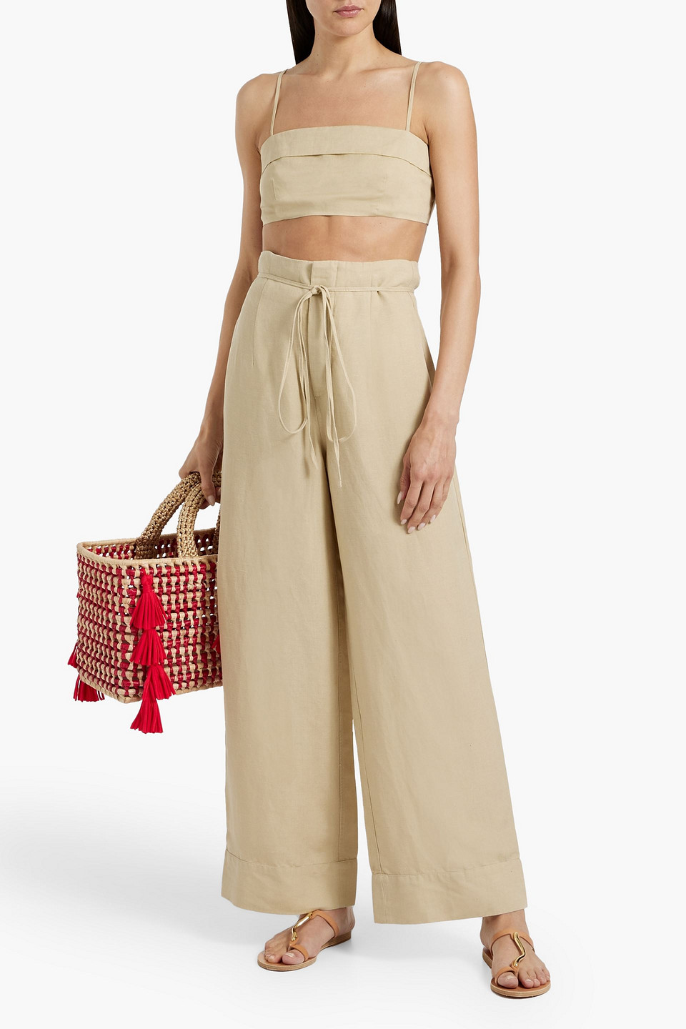 Onia Air Linen Fold Over Cropped Top Jute In Beige