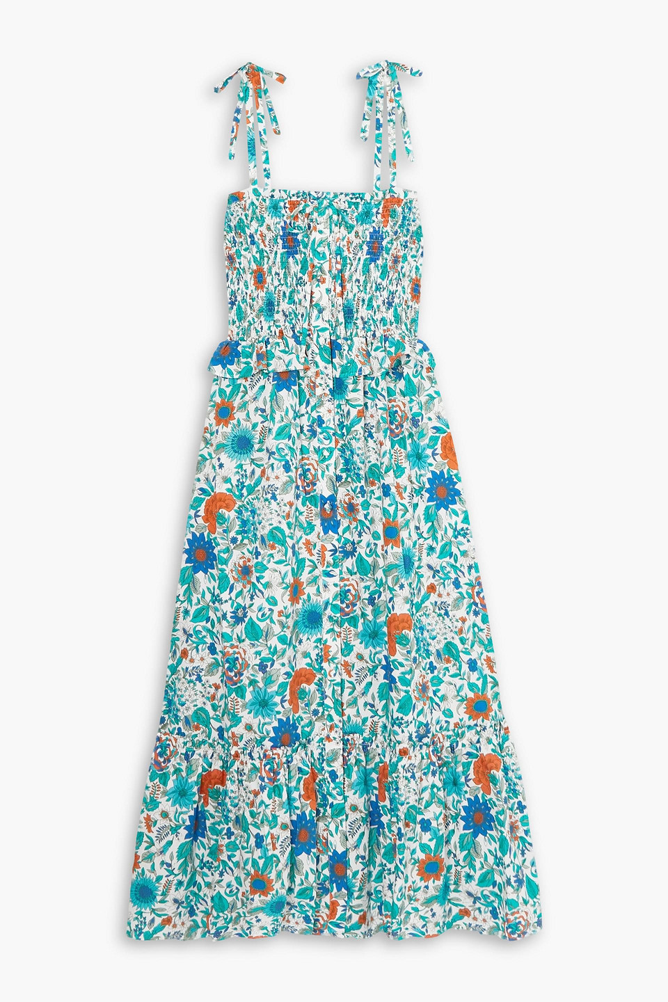 Loretta Caponi Alberica Shirred Floral-print Cotton-poplin Dress In Jade