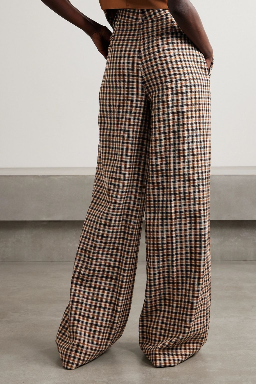 AREA Crystal-embellished checked wool and cotton-blend wide-leg pants