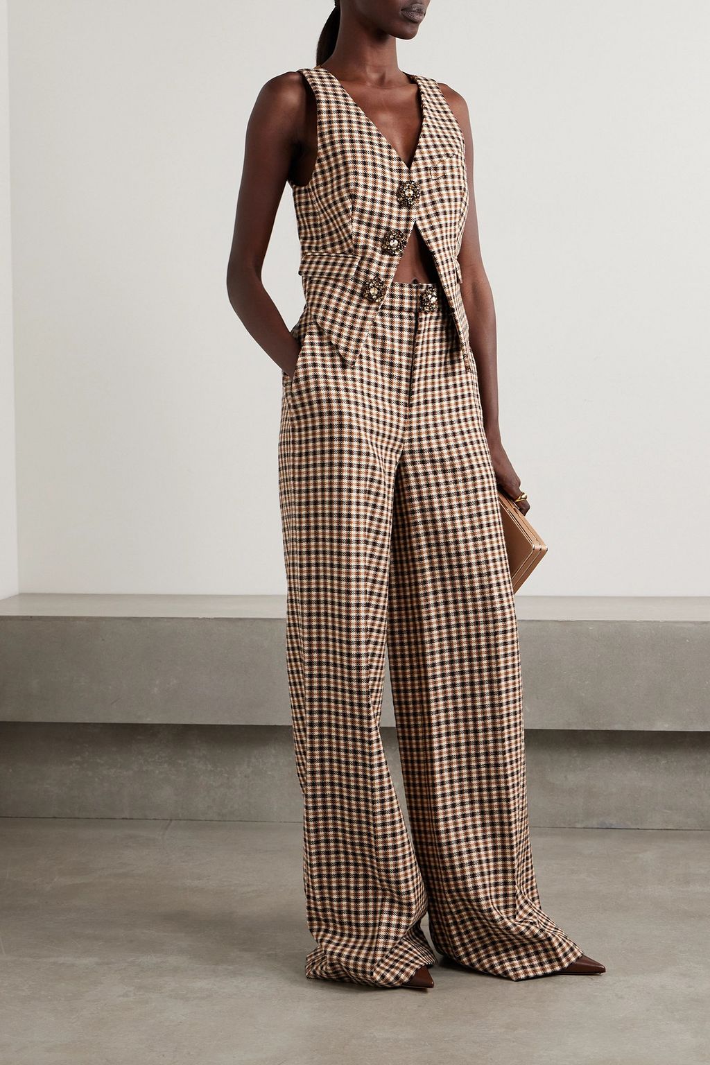AREA Crystal-embellished checked wool and cotton-blend wide-leg pants