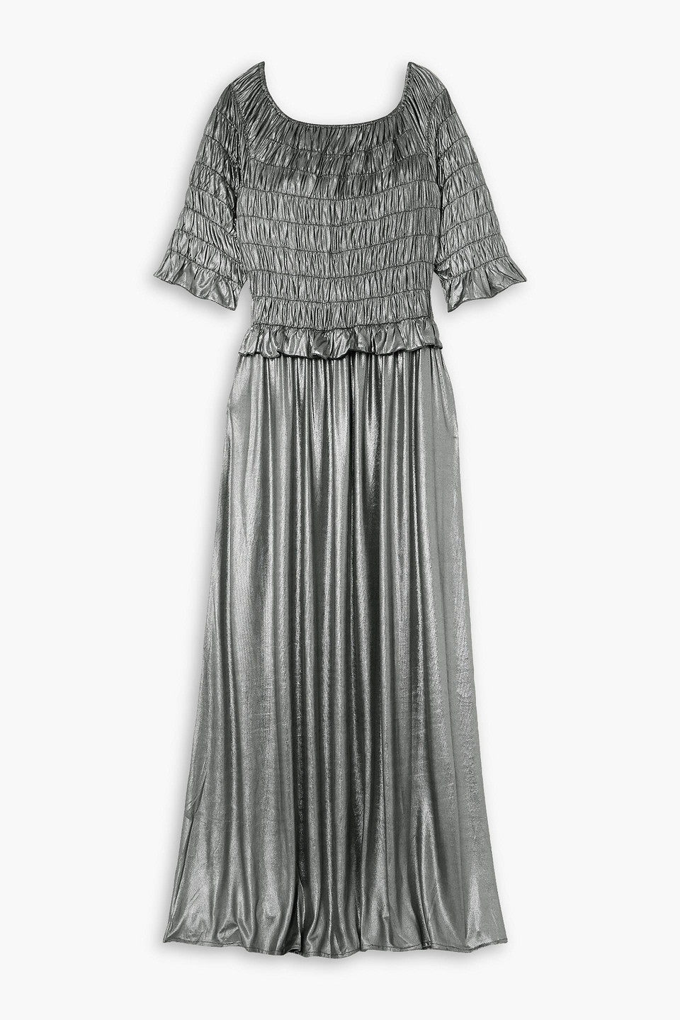 Batsheva Oak Smocked Metallic Stretch-lamé Maxi Dress In Silver