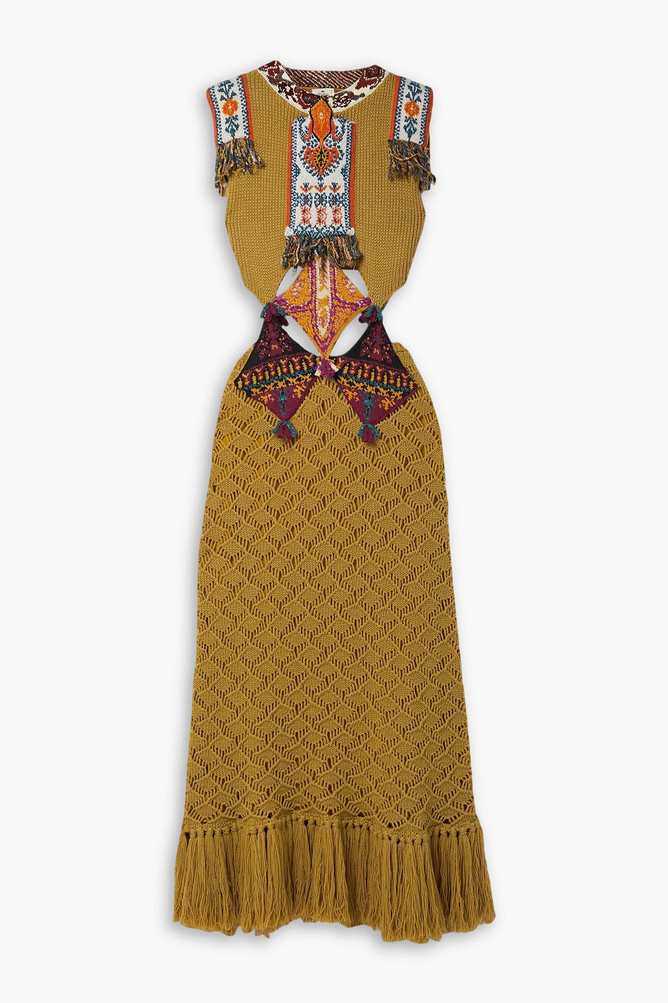 Etro Camille Cutout Fringed Intarsia Wool Maxi Dress In Senffarben