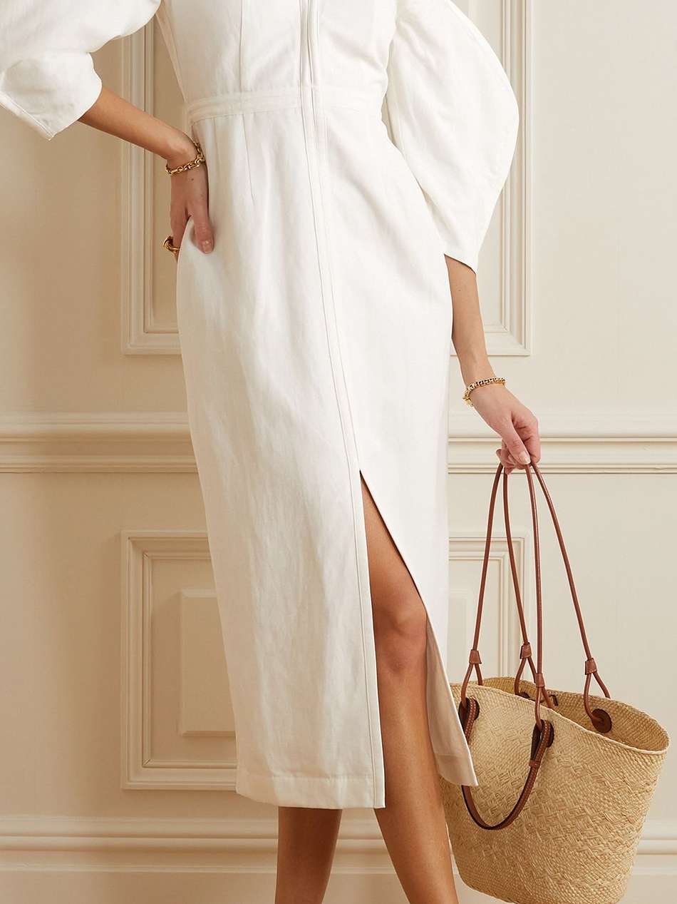 leonara off-the-shoulder tencel™ lyocell and linen-blend midi dress