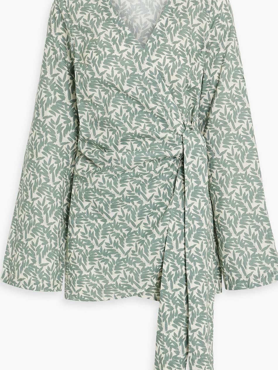 printed linen and cotton-blend mini wrap dress