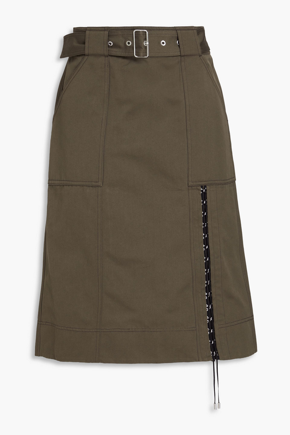 3.1 Phillip Lim Belted Lace-up Cotton-gabardine Skirt In Army Green