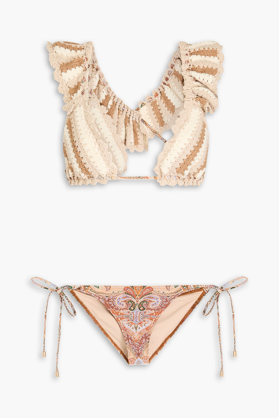 Zimmermann Striped Crochet-knit And Paisley-print Triangle Bikini In Light Brown