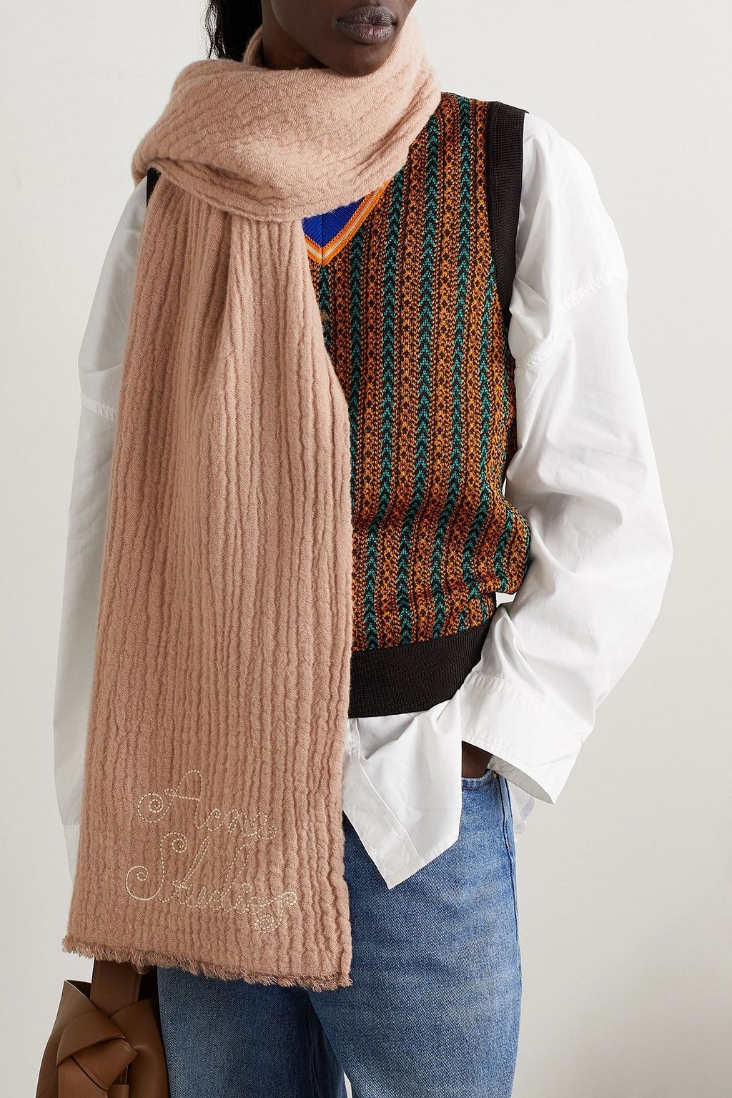 ACNE STUDIOS Embroidered fringed wool-blend scarf
