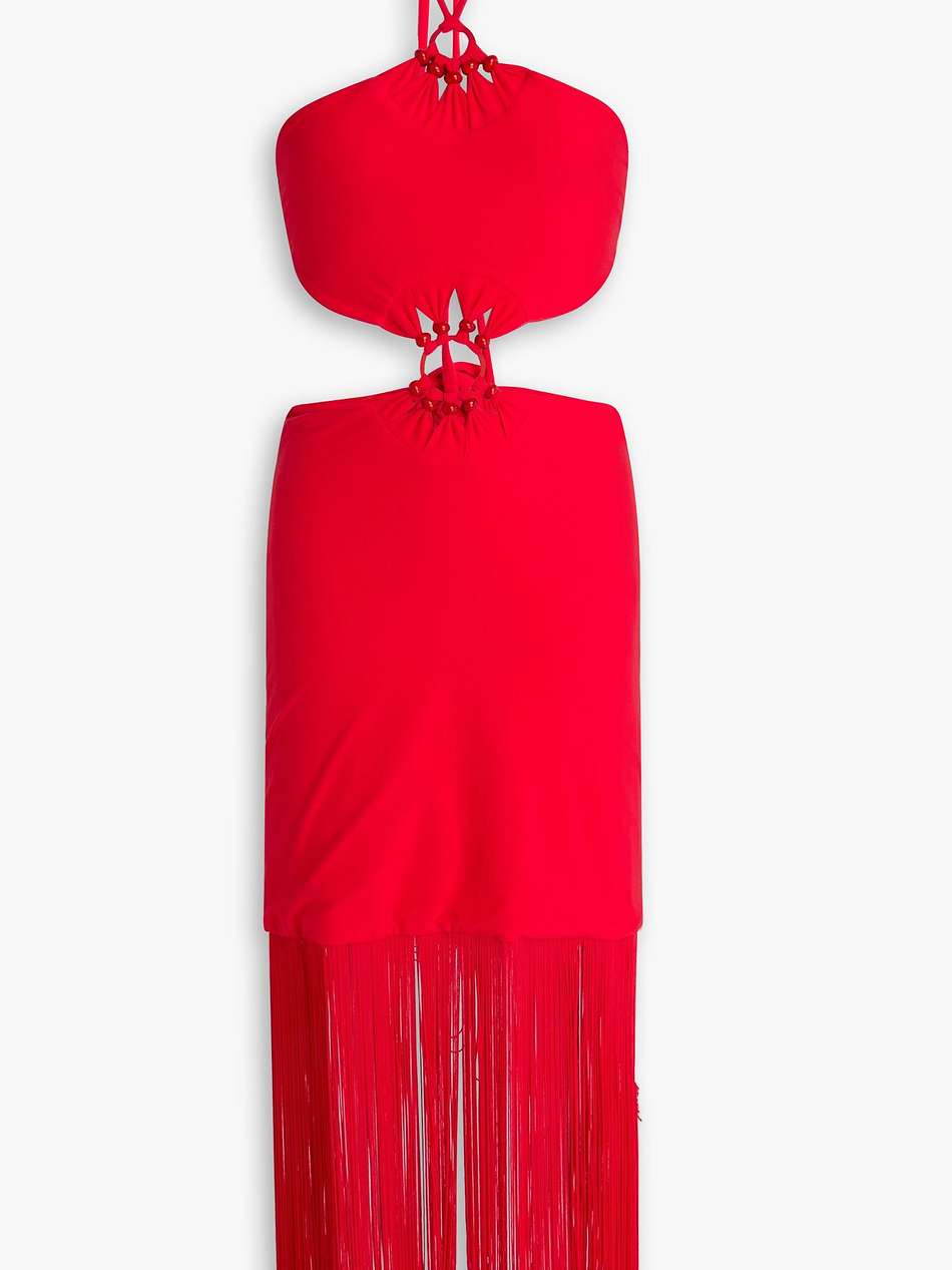 sol cutout fringed stretch-jersey halterneck midi dress