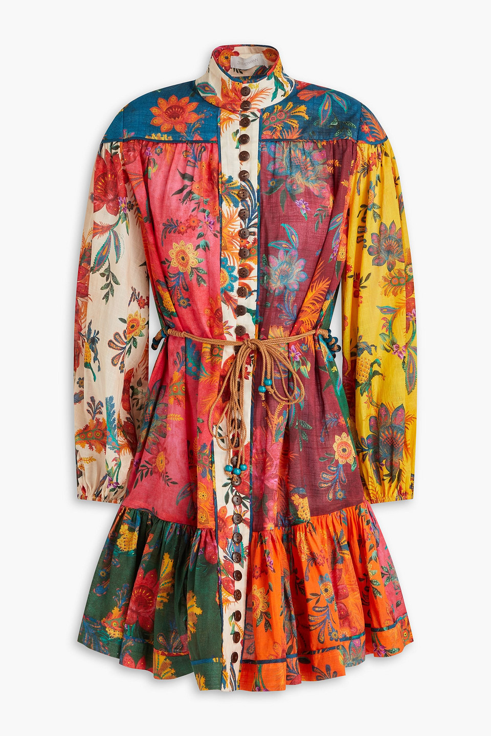 Shop Zimmermann Belted Floral-print Cotton Mini Dress In Red