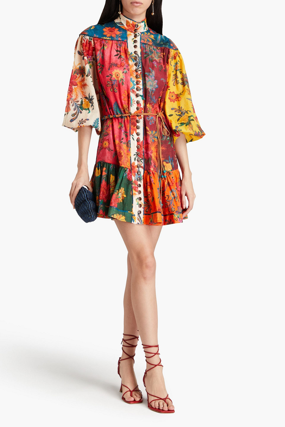Shop Zimmermann Belted Floral-print Cotton Mini Dress In Red
