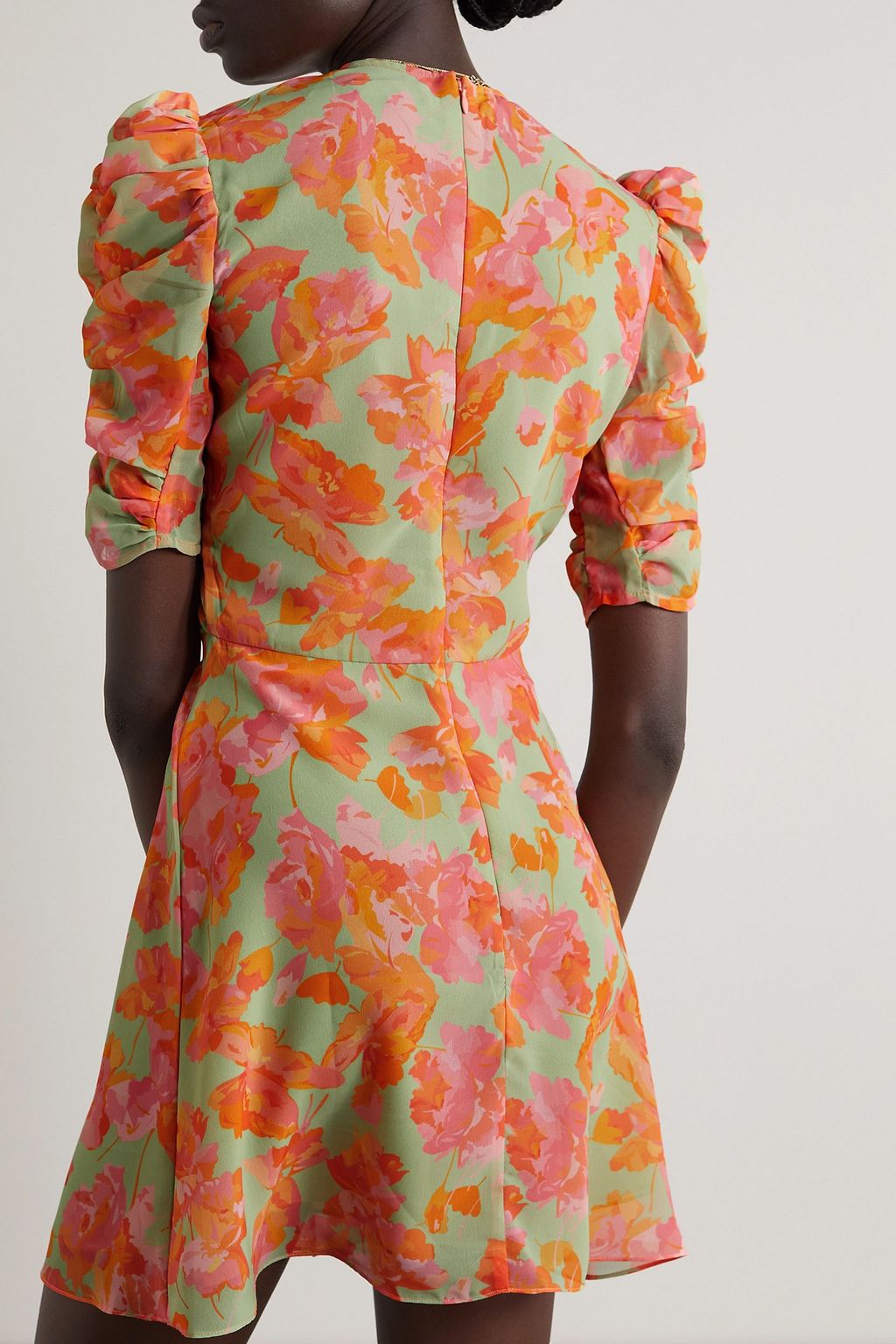 DE LA VALI Bambi ruched floral-print georgette mini dress
