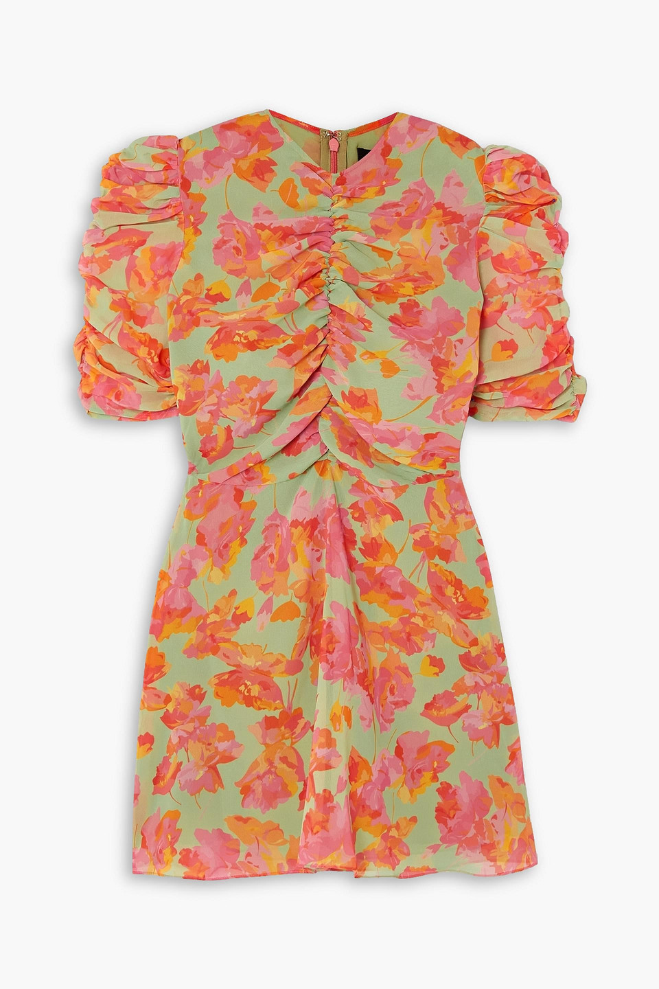 De La Vali Bambi Ruched Floral-print Recycled Georgette Mini Dress In Orange