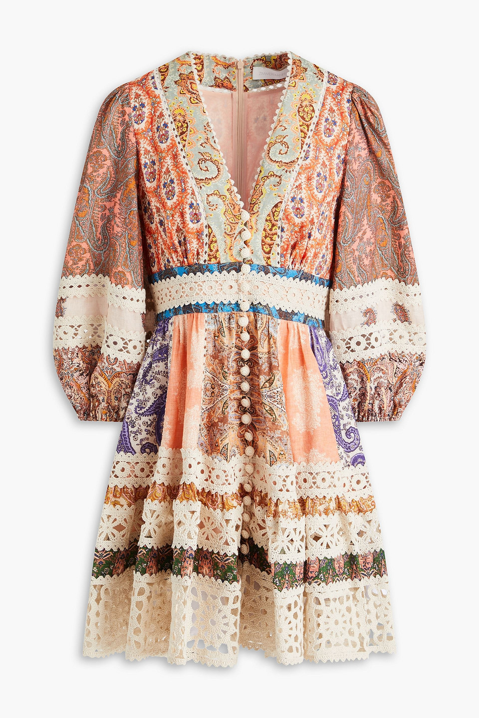 Crochet-trimmed printed linen mini dress