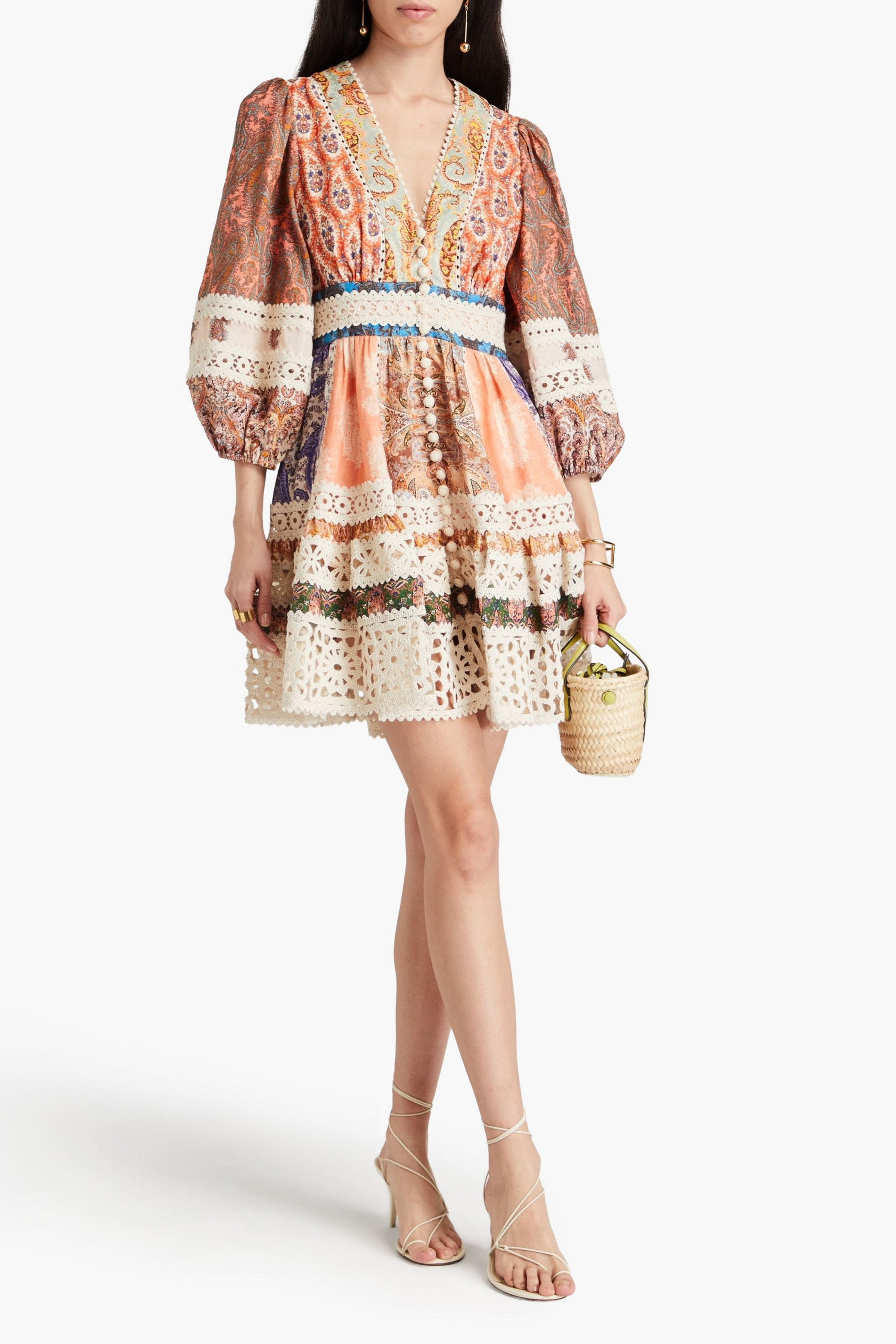 Zimmermann Crochet-trimmed printed linen mini dress
