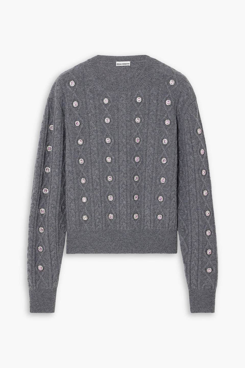 Rabanne Crystal-embellished Cable-knit Wool And Cashmere-blend Sweater In Gray