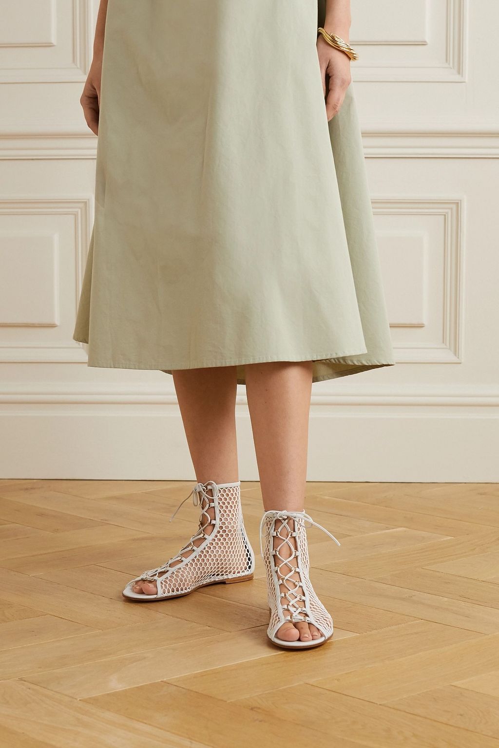 GIANVITO ROSSI Helena leather trimmed fishnet sandals THE OUTNET