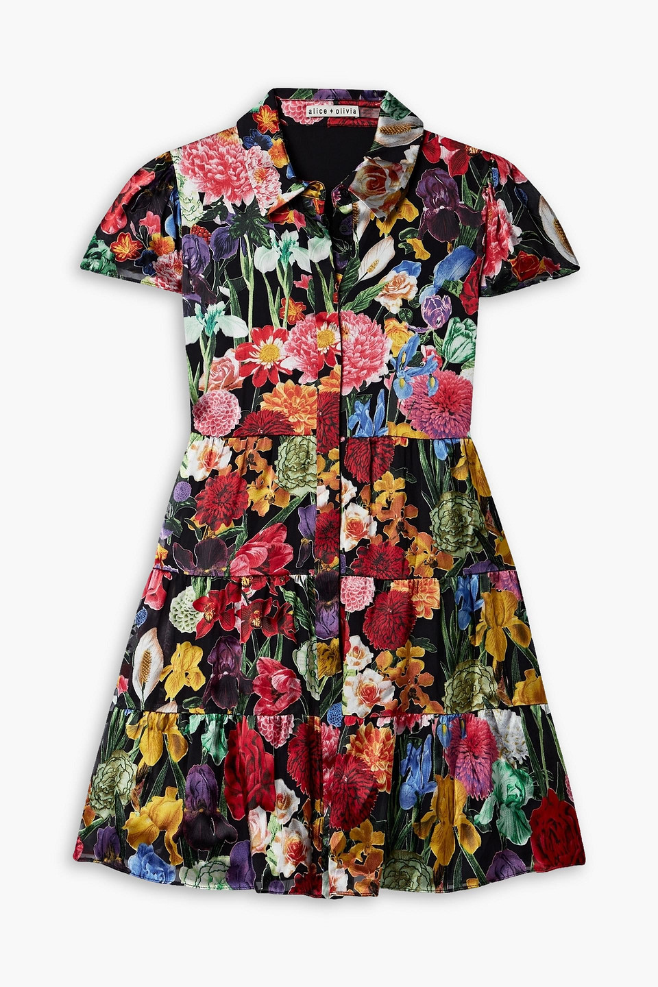 ALICE AND OLIVIA MEEKO TIERED FLORAL-PRINT SATIN AND CREPE DE CHINE MINI DRESS