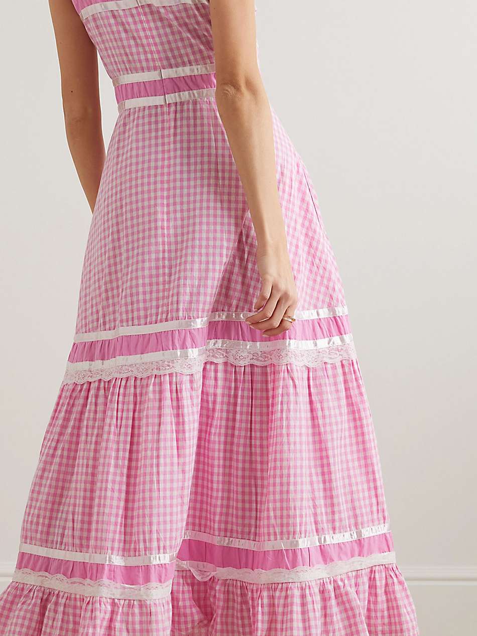 meadow tiered satin and lace-trimmed gingham cotton-poplin maxi dress
