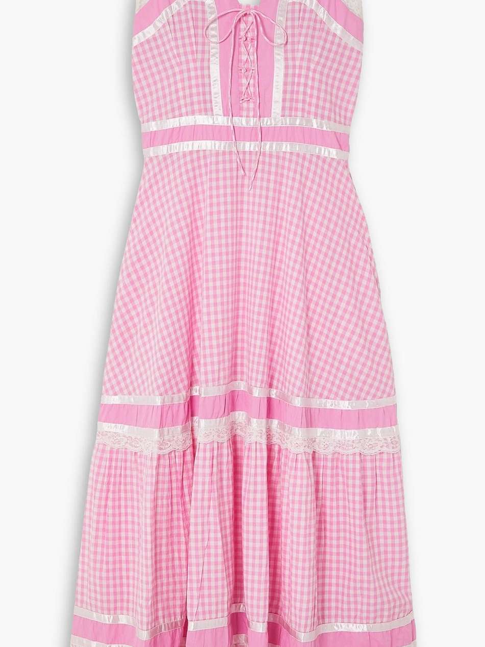 meadow tiered satin and lace-trimmed gingham cotton-poplin maxi dress