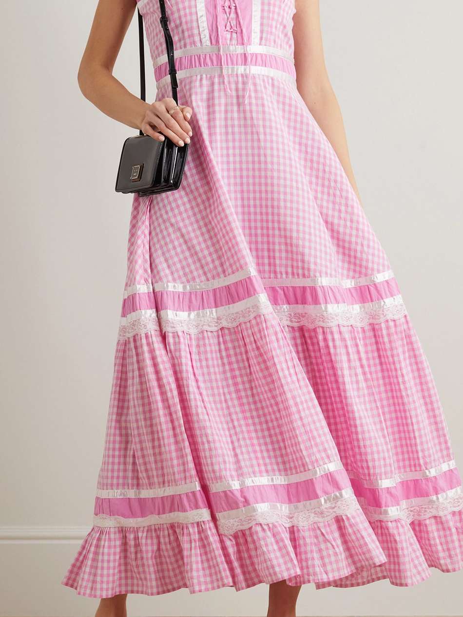 meadow tiered satin and lace-trimmed gingham cotton-poplin maxi dress