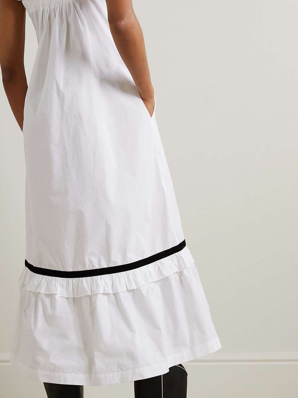 yeva ruffled tiered velvet-trimmed cotton-poplin midi dress
