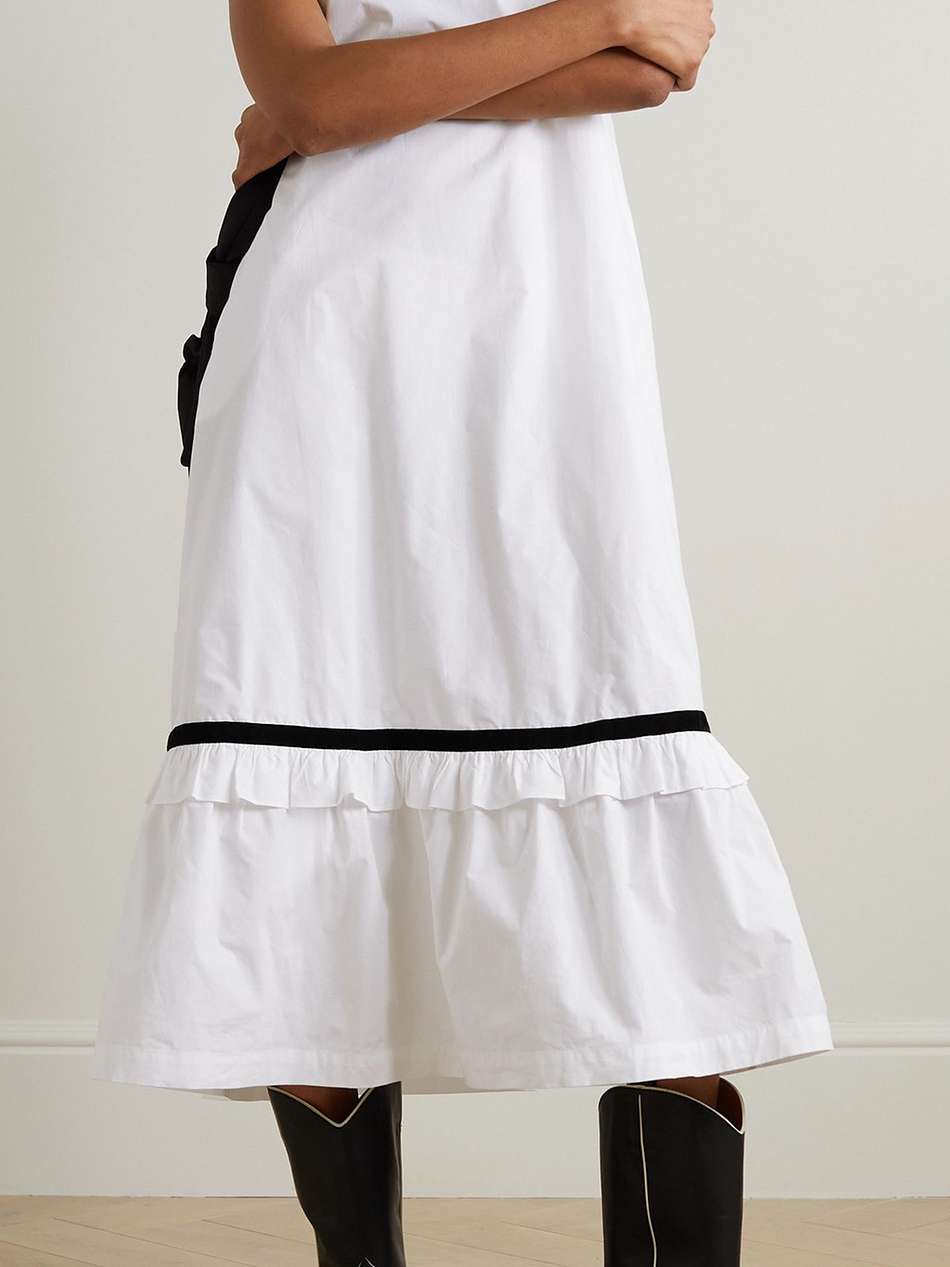 yeva ruffled tiered velvet-trimmed cotton-poplin midi dress