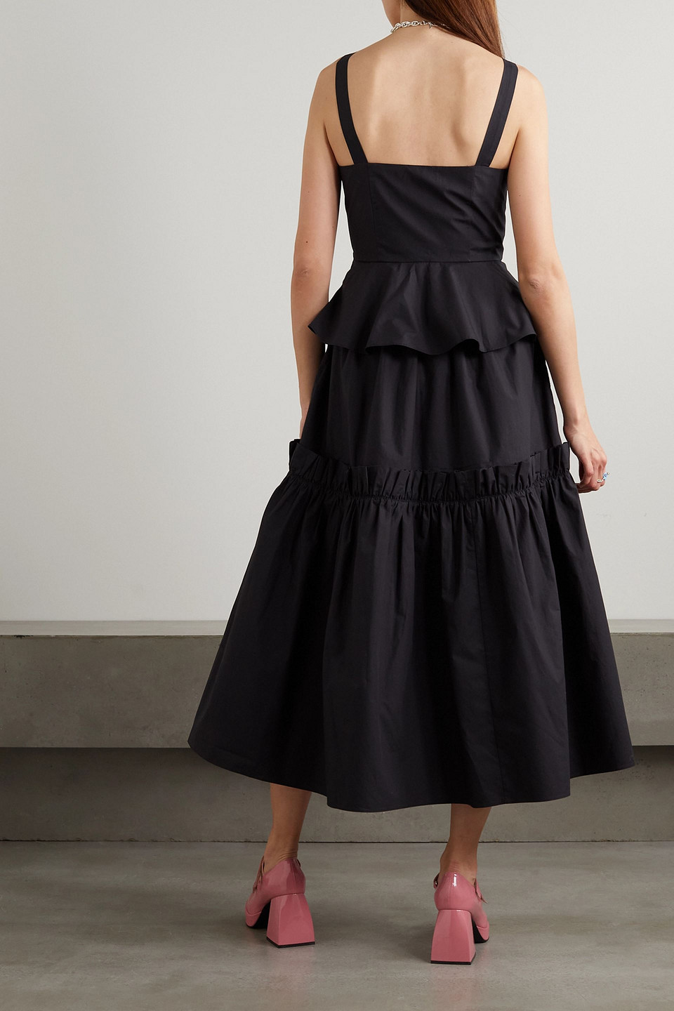 Batsheva Quinn Lace-up Ruffled Tiered Cotton-poplin Midi Dress In Black
