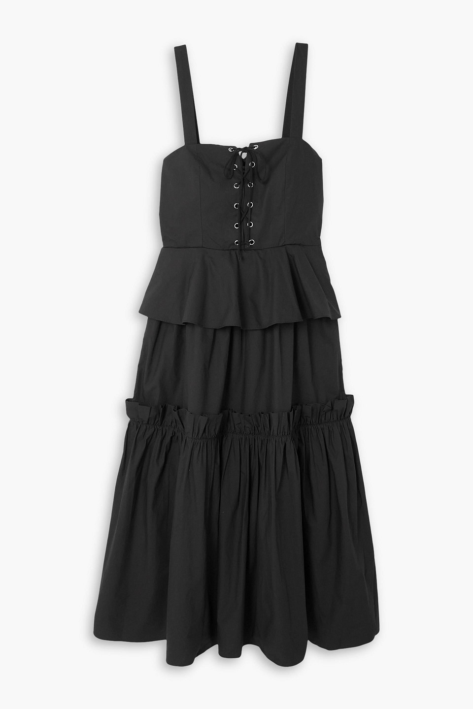Batsheva Quinn Lace-up Ruffled Tiered Cotton-poplin Midi Dress In Black