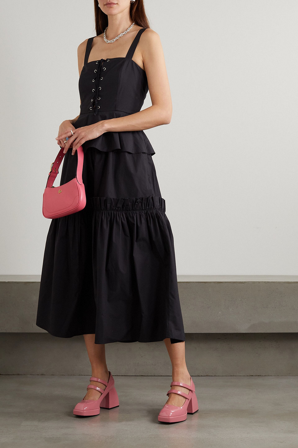 Batsheva Quinn Lace-up Ruffled Tiered Cotton-poplin Midi Dress In Black
