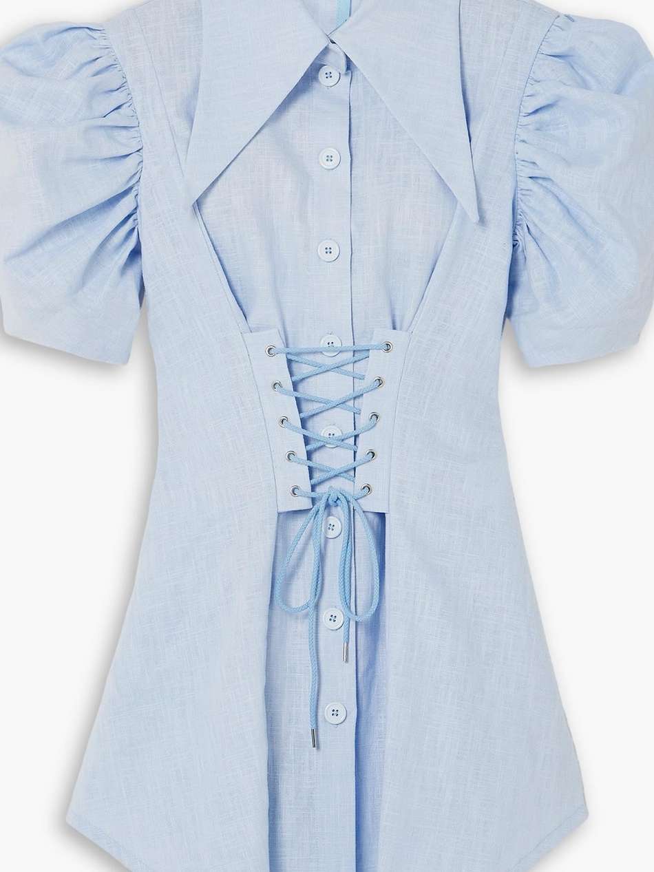 lace-up linen mini shirt dress