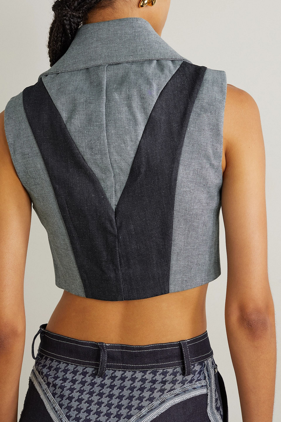 Tolu Coker The Vanguard Cropped Two-tone Denim Top In Mid Denim