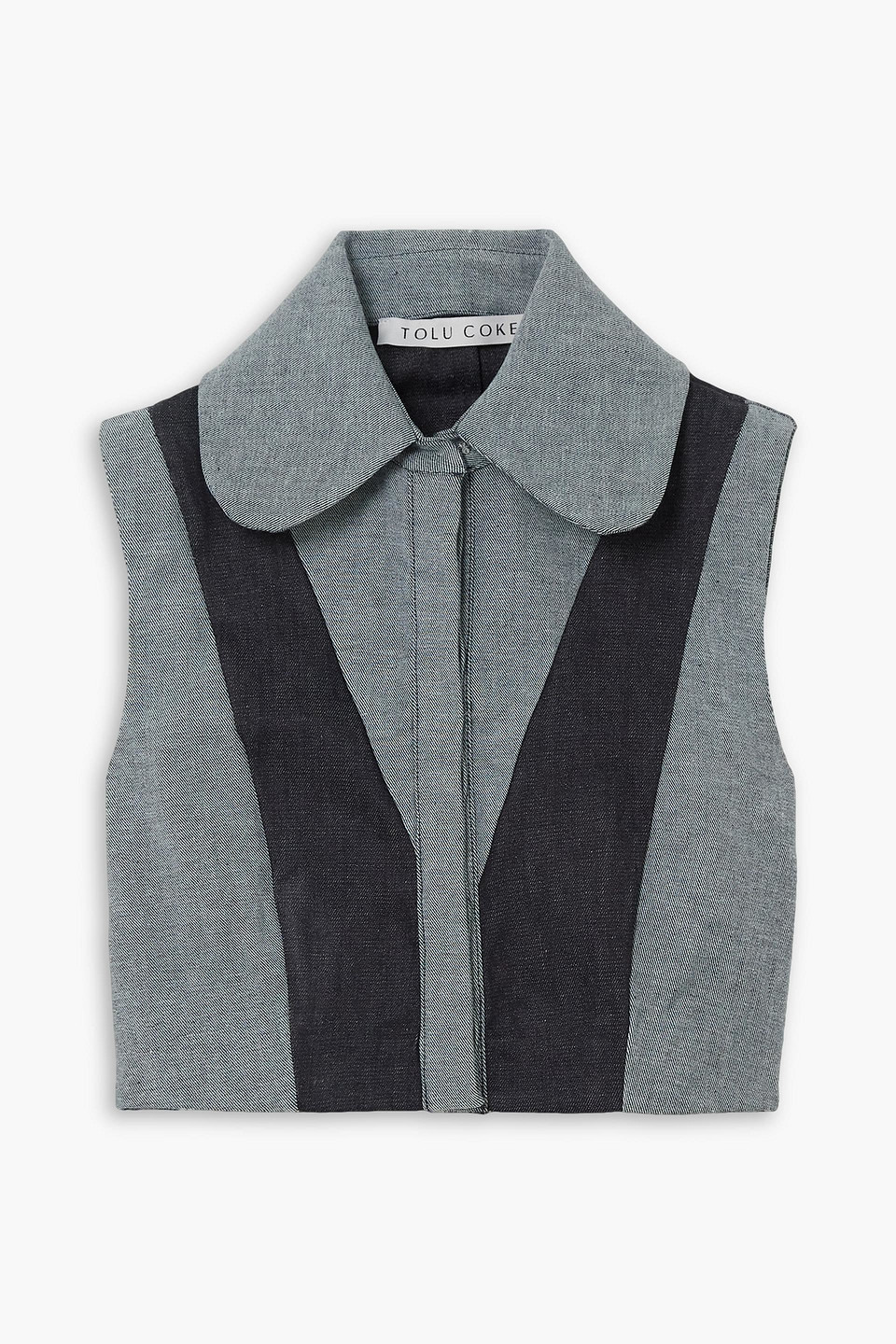 Tolu Coker The Vanguard Cropped Two-tone Denim Top In Mid Denim
