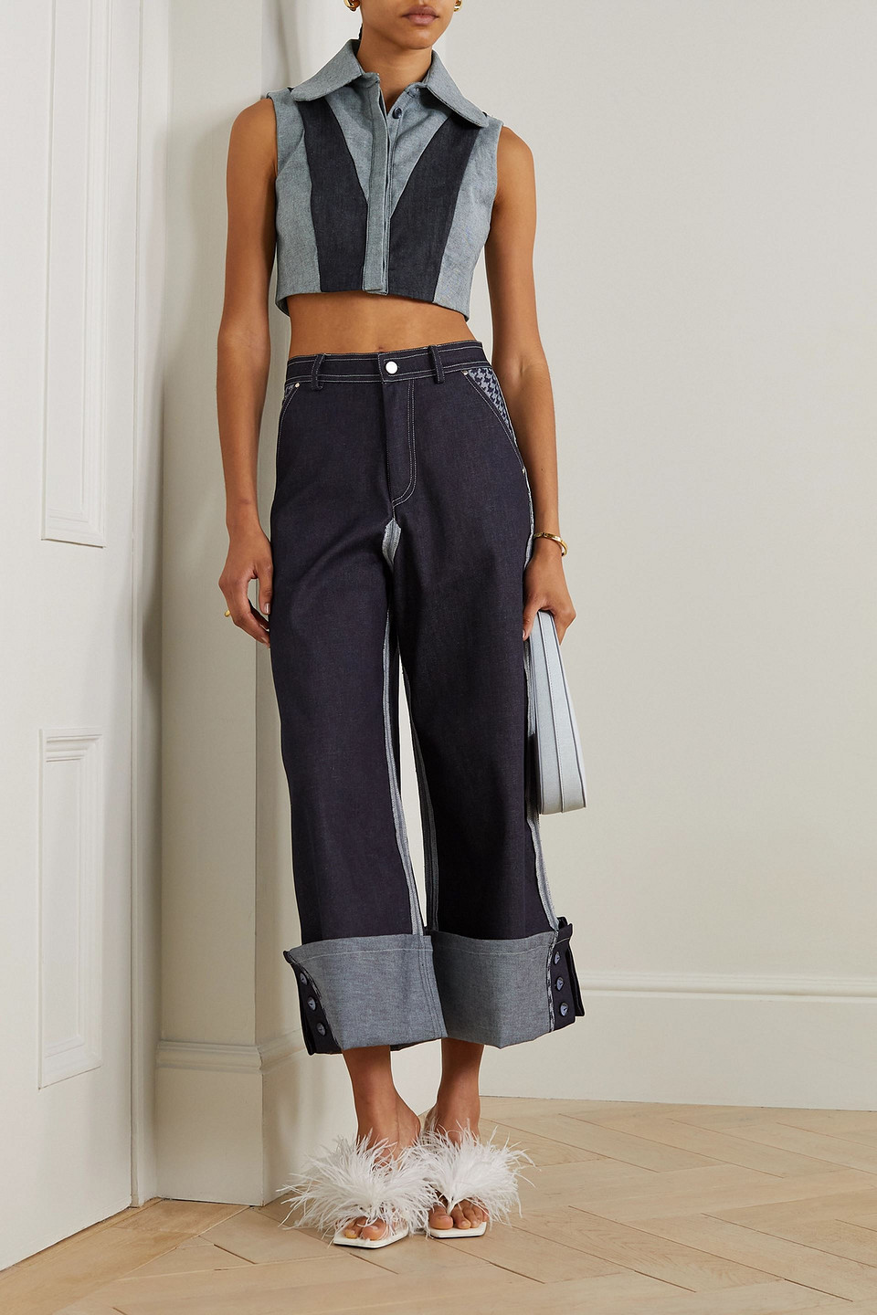 Tolu Coker The Vanguard Cropped Two-tone Denim Top In Mid Denim