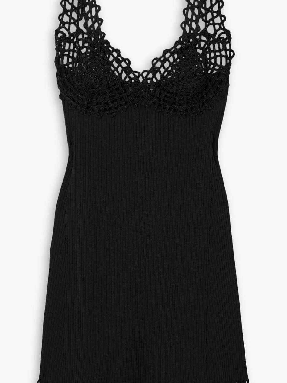 fringed crochet-trimmed ribbed-knit mini dress