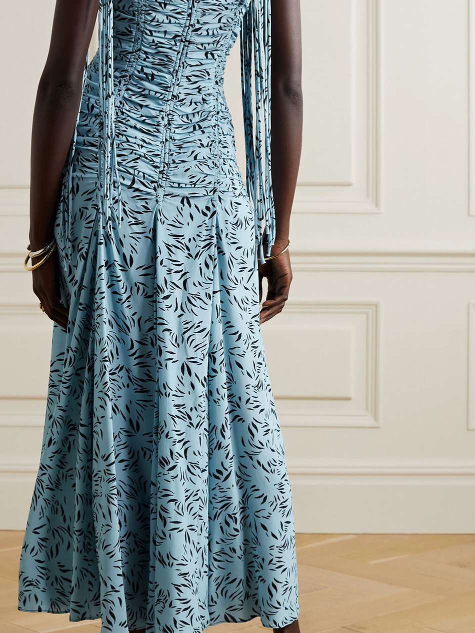 ruched printed crepe midi dress