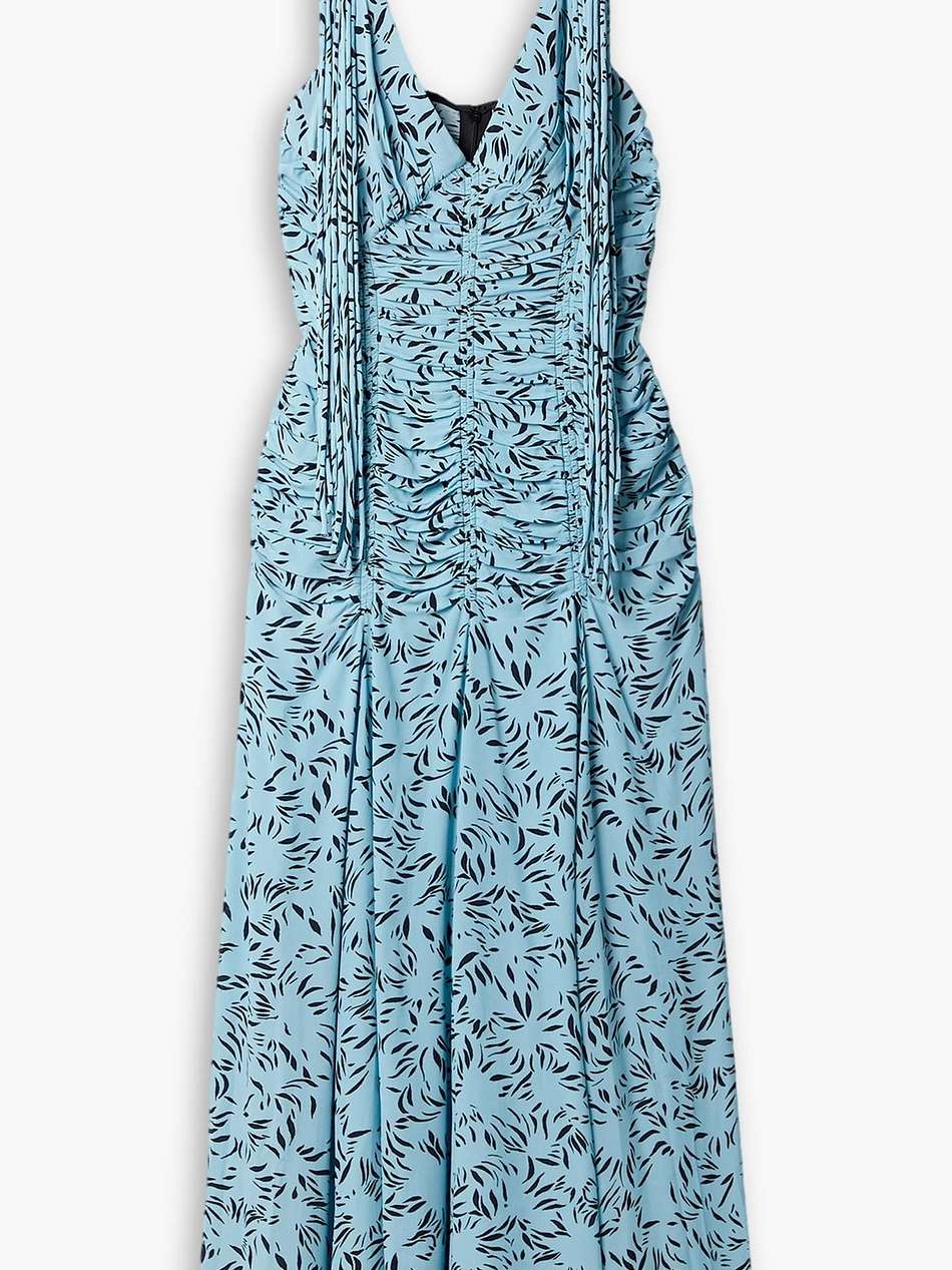 ruched printed crepe midi dress