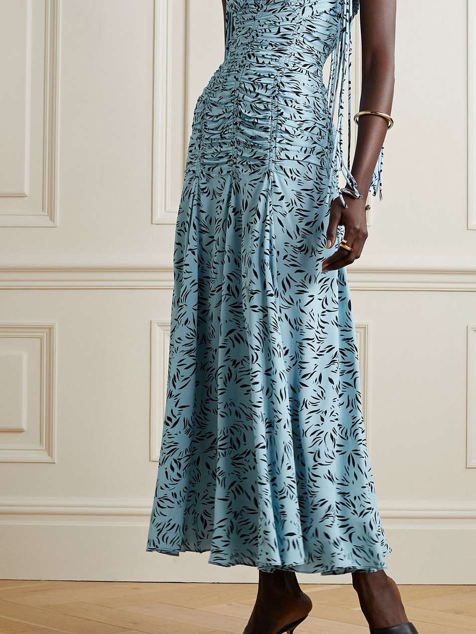 ruched printed crepe midi dress